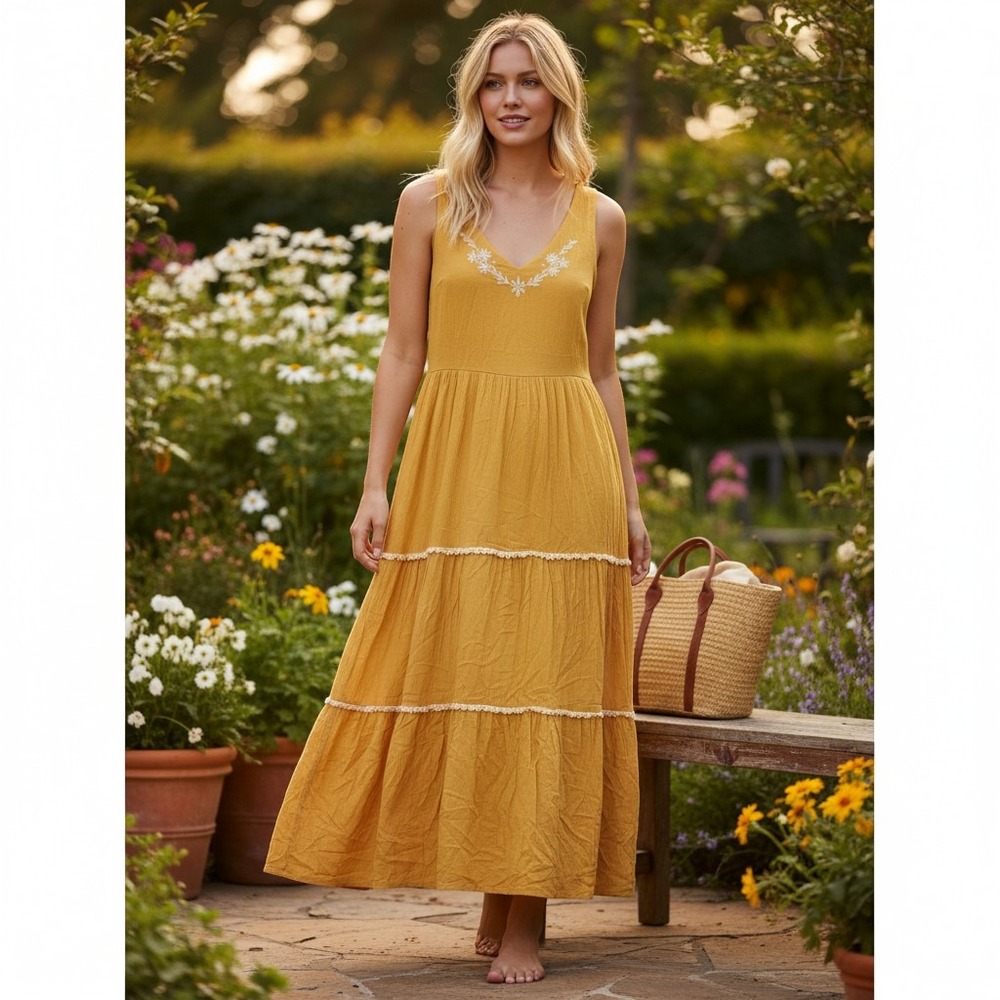 Joie Yellow Embroidered Tiered Midi Dress‎ Pom Pom Trim Sleeveless Rayon Size 2